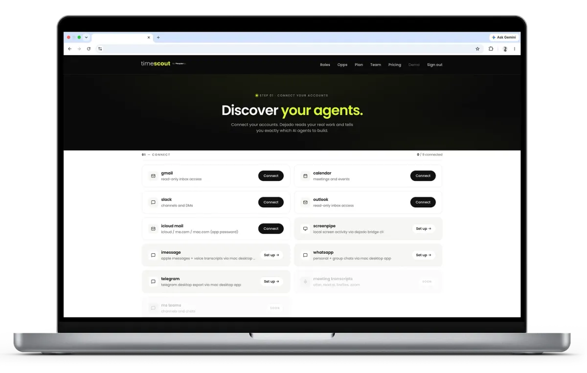 Timescout app on a MacBook — discover your agents