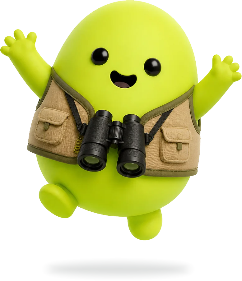 timescout mascot in a scout vest with binoculars, jumping