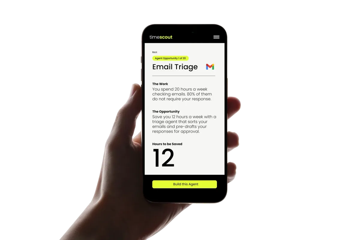Hand holding a phone showing a timescout agent opportunity: Email Triage, 12 hours to be saved